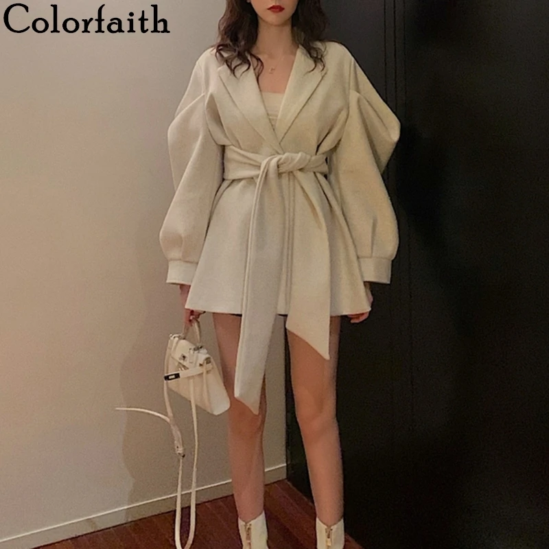Женское шерстяное пальто Colorfaith элегантное офисное с v образным вырезом и пышными