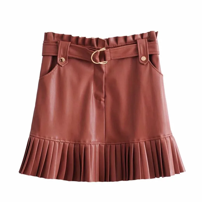 QZ818 Женская плиссированная тонкая талия с поясом снизу плиссированная юбка из искусственной кожи Saias
