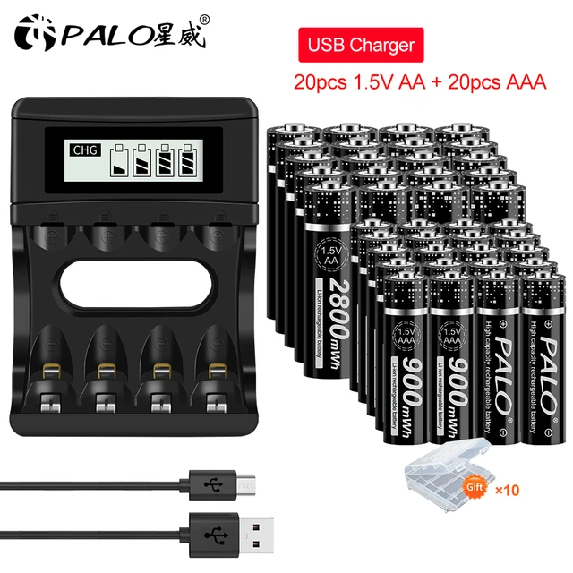PALO 1.5V AA Li-ion Rechargeable Batteries+1.5v AAA Li-ion Rechargeable Batteries with LCD Smart 1.5V Lithium Battery Charger 20AA20AAA charger