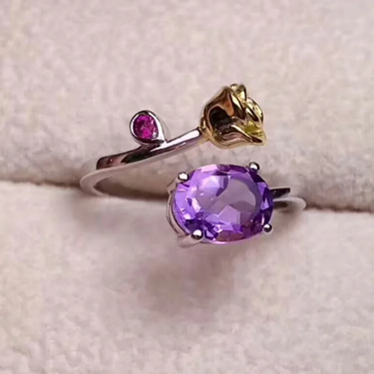 

925 Silver Stone Ring Hot Selling Flower Creative-Fine Silver Multicolored Rings Hand Jewelry Natural Amethyst Ring