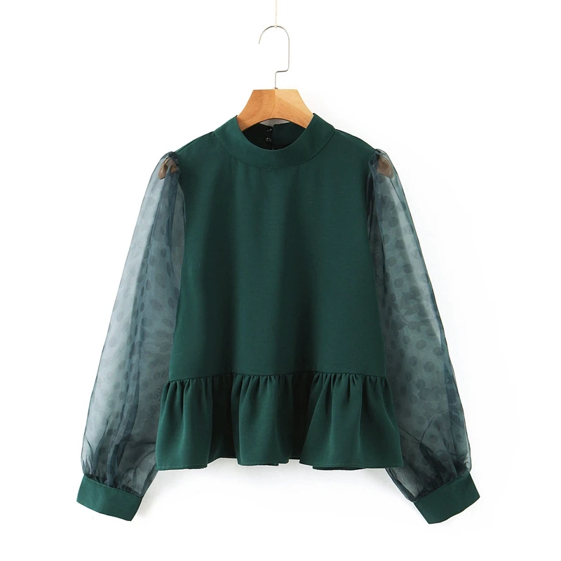 Tangada, женские зеленые рубашки в горошек, сетчатые Лоскутные Блузы с длинным рукавом и стоячим воротником, Свободные повседневные блузы, топы SL166 - Цвет: Зеленый