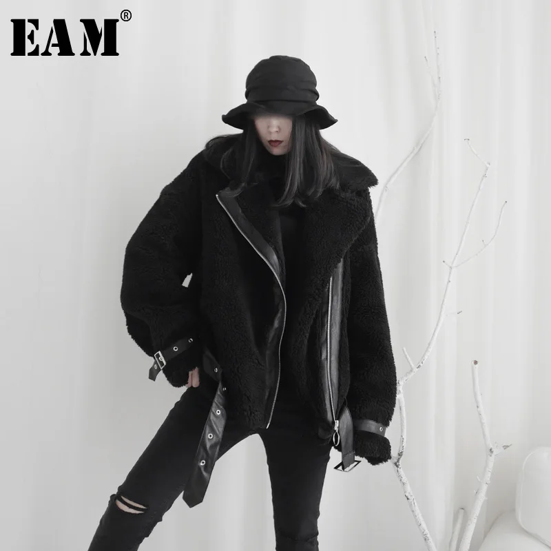 

[EAM] Loose Fit Black Lambswool Split Big Size Jacket New Lapel Long Sleeve Women Coat Fashion Tide Autumn Winter 2020 19A-a560
