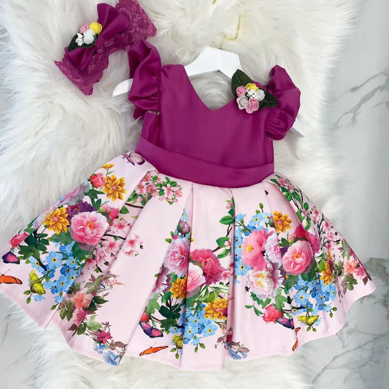 New Flower Printed Ball Gown Baby Girls Wedding Party Evening Dresses Big Bow Purple Luxurious Kids Costume For Girls 1-5Y