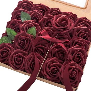 

Promotion! Artificial Flowers 25Pcs Real Looking Burgundy Fake Roses with Stems for DIY Wedding Bouquets Red Bridal Shower