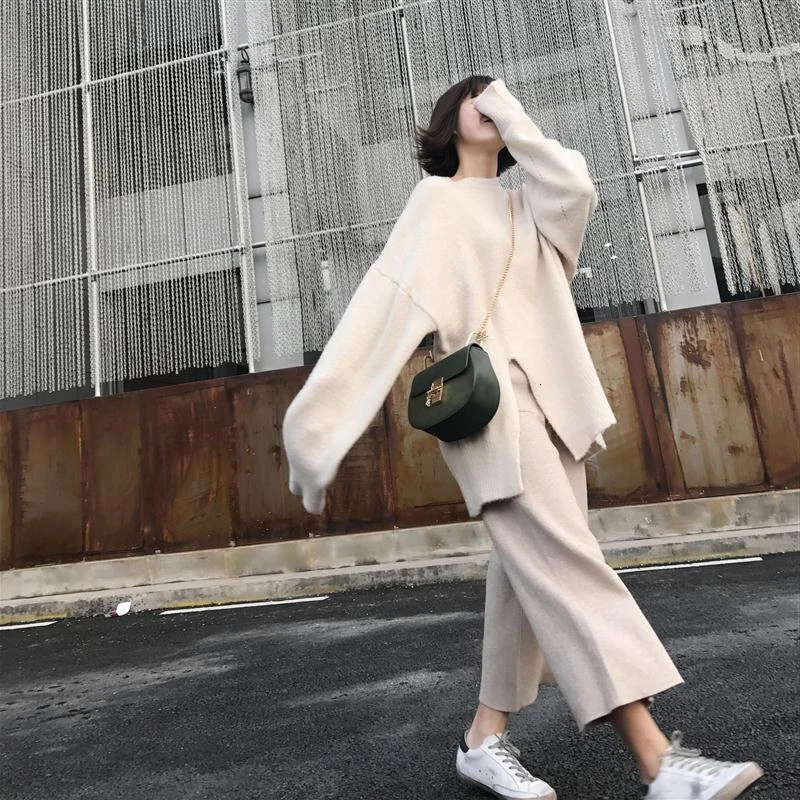 Women Sets Sweaters And Pants Two Piece Set Autumn Winter New Female Long Sweater With Wide Leg Pants Loose White Woman Sets