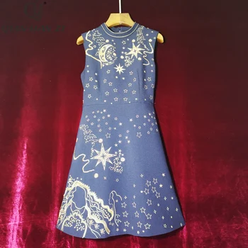 

Qian Han Zi 2020 Spring summer Designer Runway dress Women's Sleeveless Vintage Embroidered Slim A-Line vest Dress