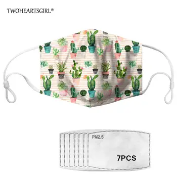 

Twoheartsgirl Windproof Floral Cactus Print Face Mash with 7pcs Replaceable Filters Reusable Women Kids Mouth Mask Washable
