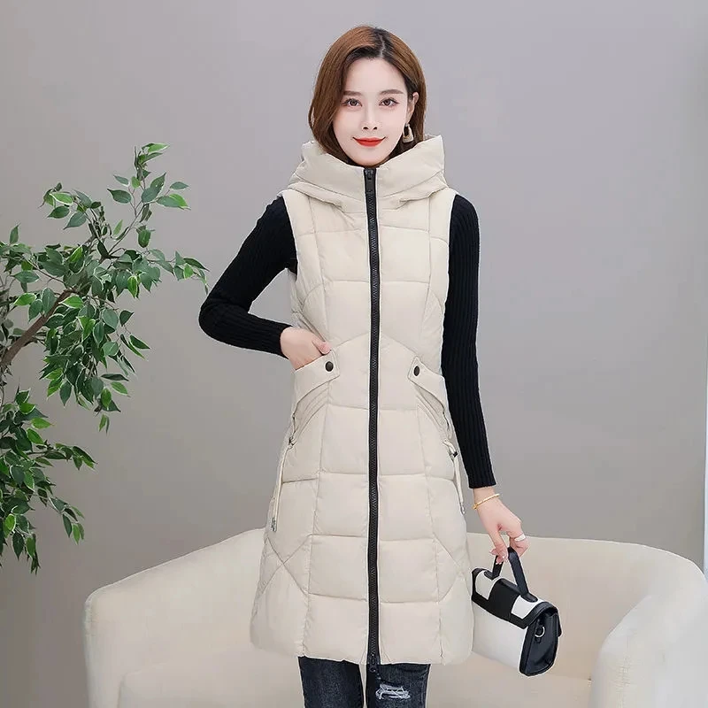 

Spring Autumn 2023 Womens Vest Down Cotton Waistcoat Plus Size 3XL Long Section Vest New Slim Padded Coats Student Cloghing
