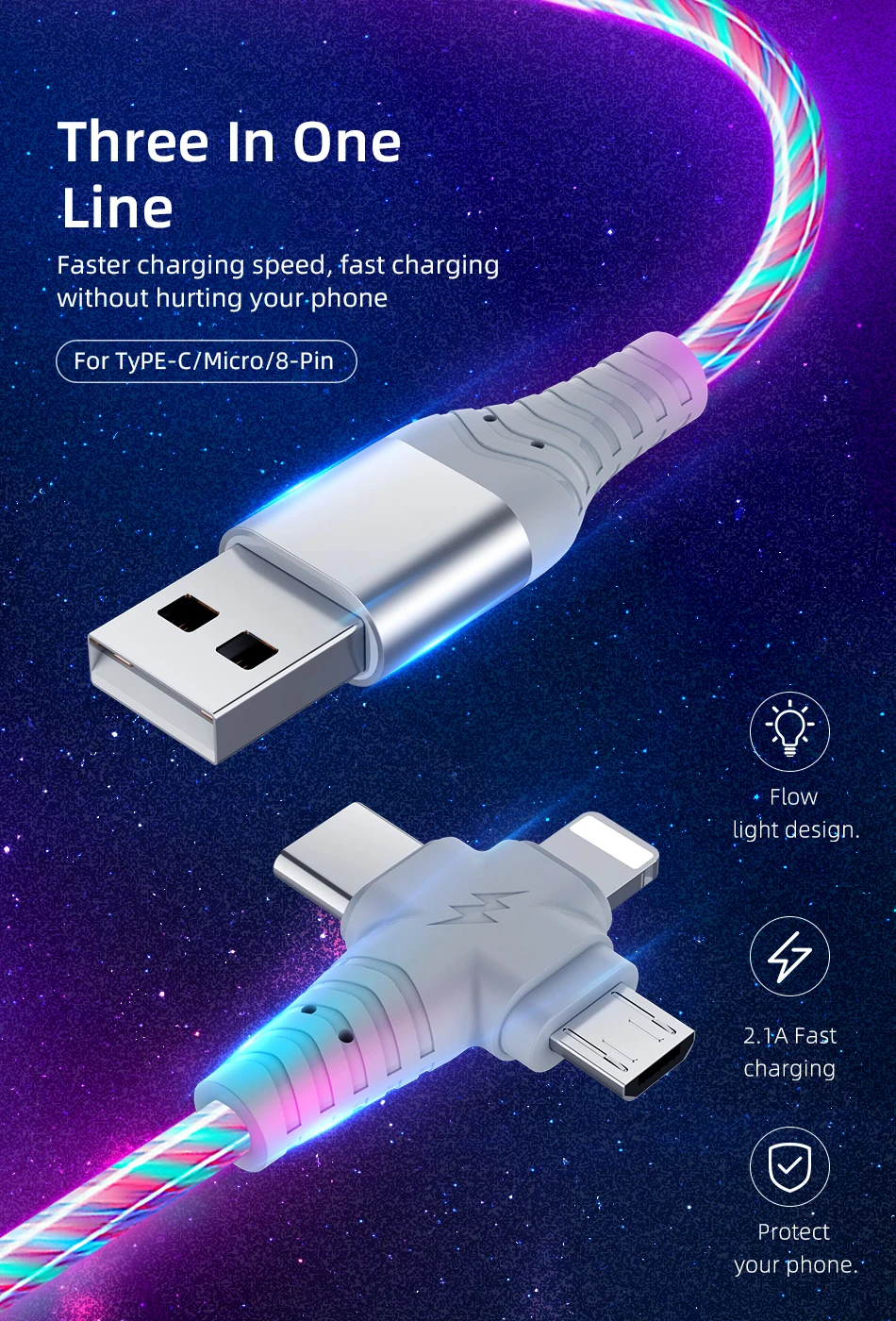 3 In 1 Flow Luminous USB Cable For Samsung LED Kable USB To Micro USB/Type C/8 Pin Charger Wire Cord For iPhone 13 12 Pro Xiaomi iphone cable