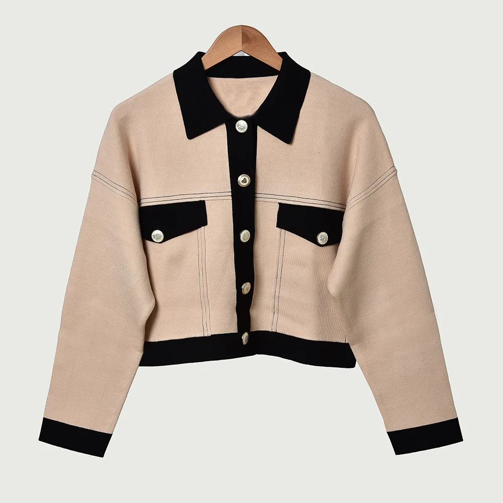 

Women's Knitted Single Breasted Cardigan Hit Color Turn-down Collar Long Sleeve 2020 Autumn Winter New Temperament Knitwear Coat