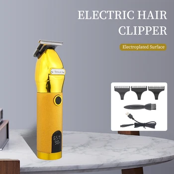 

Gold Oil Head Hair Clipper Checkered Non-Slip Electroplated Metal Surface LED Display Electric Cutting Machine Cordless Trimmer