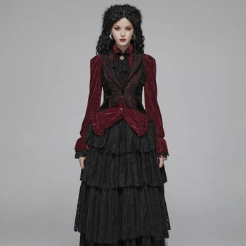 

PUNK RAVE Women's Gothic Red and Black Tuxedo Vest Stitching Red Woven Fabrics and Lace Materials Slim Fit Evening Party Vest