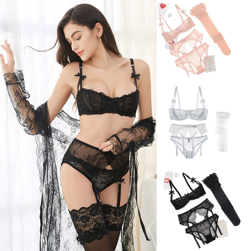 

CYHWR Luxury Half Cup Lace Transprent Ultra-thin Solid Lolita Style Pink and White 3 Pieces/Lots Bra Set with Garter