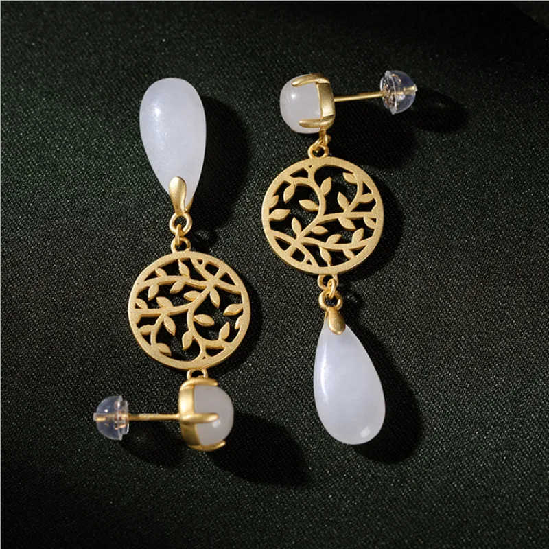 Uglyless Water Drop Jade Earrings Women Hollow Grilles Earrings Gold Plate Real 925 Silver Brincos Handmade Leaves Jewelry E1342