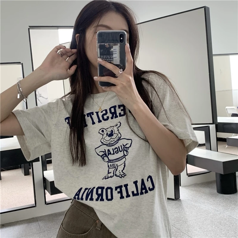 Summer mid-length round neck short-sleeved T-shirt letter printing loose all-match shirt college style | Женская одежда