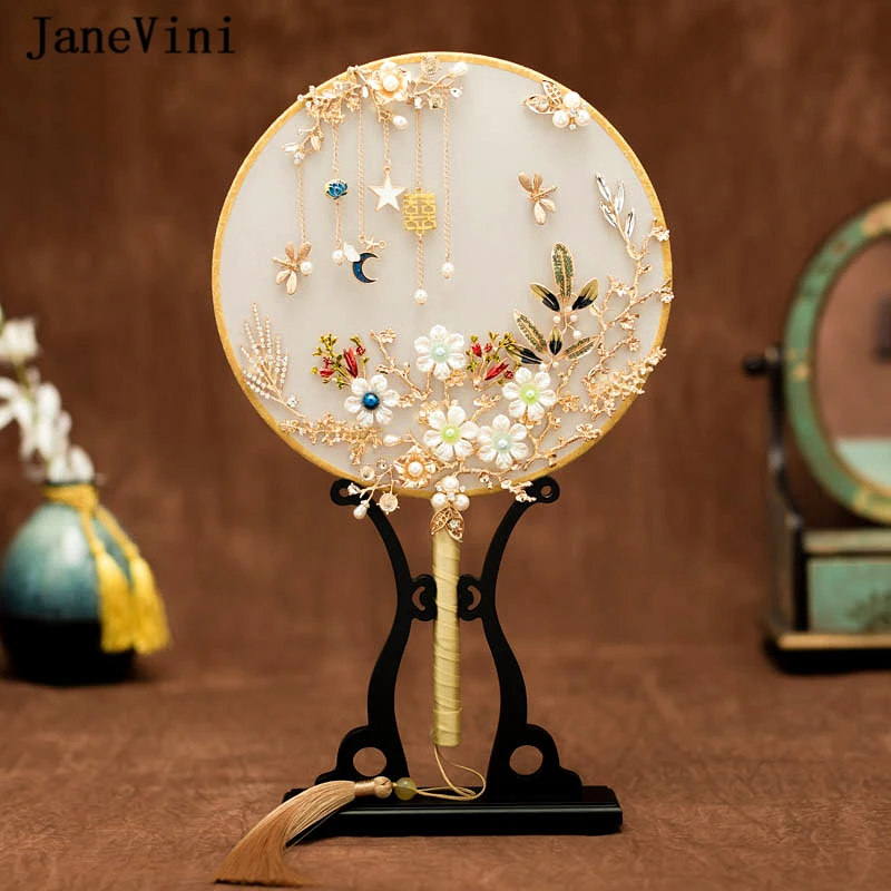 

JaneVini 2020 Sparkly Beaded Chinese Gold Bridal Bouquets Fan Type Handmade Flowers Wedding Metal Round Hand Fan Ramo De Novia