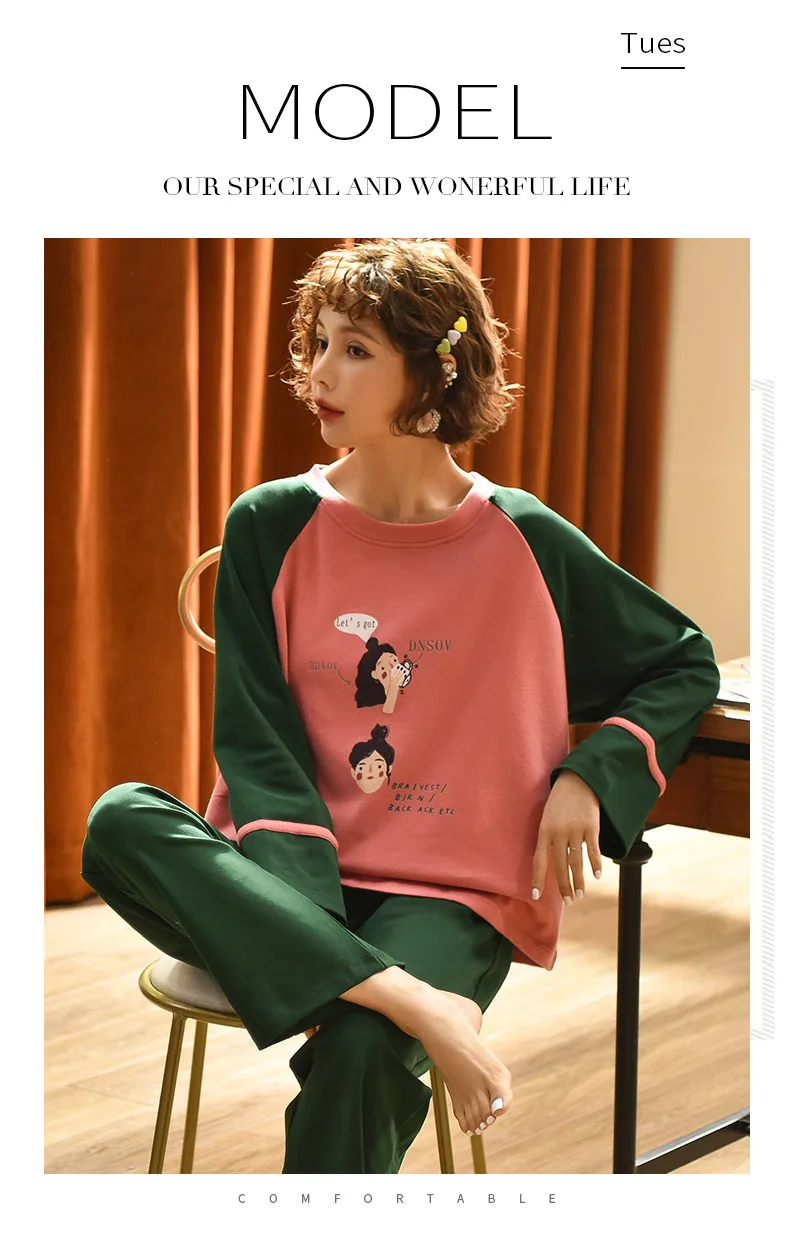 Loungewear женское хлопковое каваи белье больших размеров для девочек-студенток, спальные костюмы, штаны с длинными рукавами, модные женские пижамы в Корейском стиле