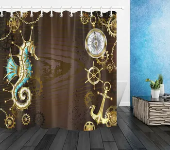 

Waterproof Fabric Shower Curtain Liner Rusitc Wood Board Vintage Anchor Seahorse