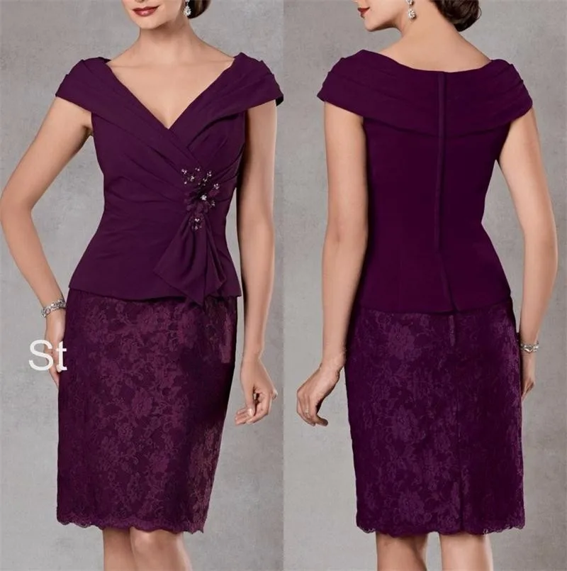 

2019 Elegant Plum Mother of the Bride Dresses Sheath V-Neck Cap Sleeve Knee Length Lace Wedding Guest Outfit Plus Size Custom