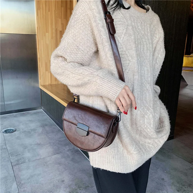 Solid Color PU Leather Saddle Bags For Women Small Crossbody Shoulder Messenger Bag Female Handbags and Purses