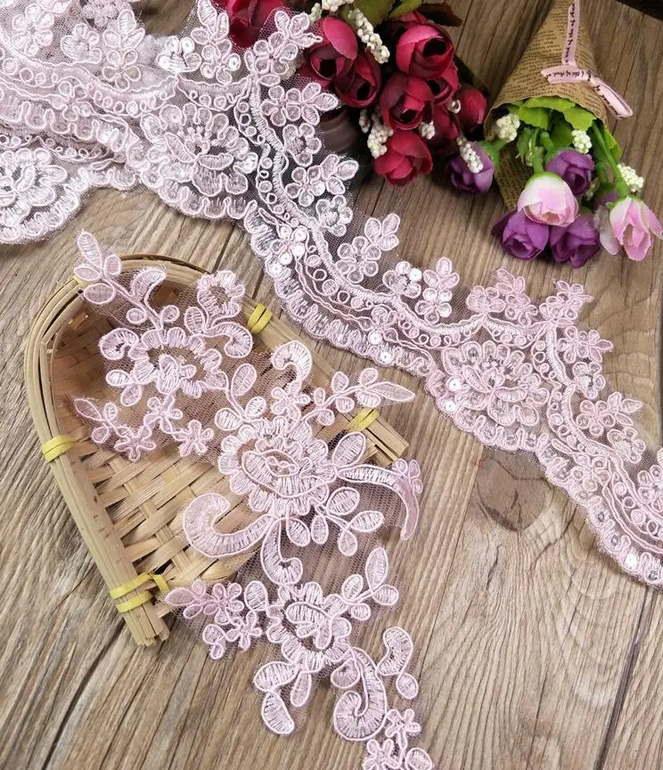 Lace Fabric Lace Sewing Supplies Lace Sewing Accessories Lace Accessories Lace Garment Accessories Lace Decoration 1 Meter Venise Cording Fabric Sequins Pink Flower Venice Mesh Lace Trim Applique