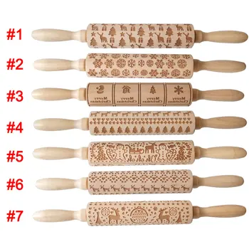 

Wooden 35cm Christmas Embossing Rolling Pin Baking Cookies Biscuit Fondant Cake Dough Engraved Wooden Roller Reindeer Elk
