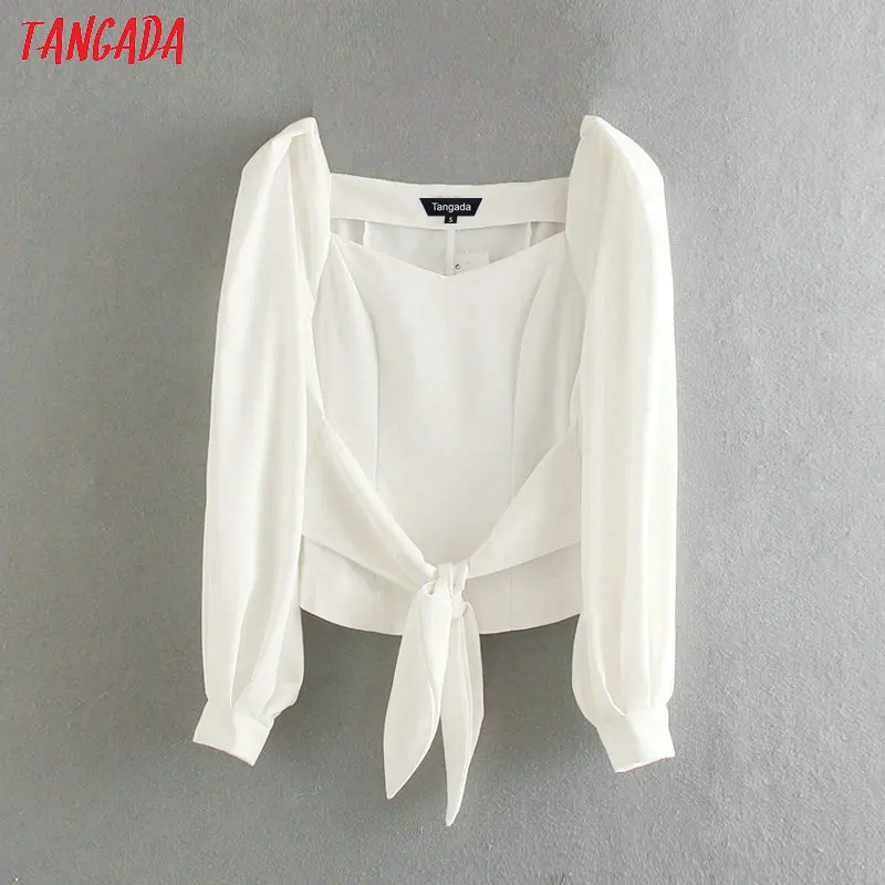 

Tangada women sweet white blouse bow tie design square collar long sleeve chic bow tie shirt blusas femininas SD69