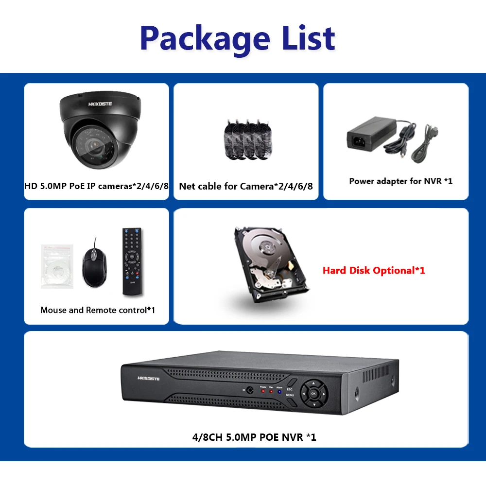 HKIXDISTE 8CH 5MP POE NVR Xmeye CCTV система 5.0MP Крытый Открытый PoE IP камера IR ночного видения комплекты видеонаблюдения