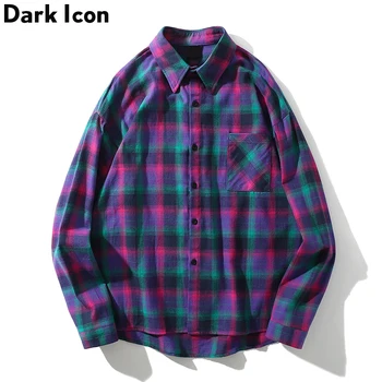 

Dark Icon Turn-down Collar Flannel Plaid Sihrt Men Fashion Hip Hop Shirt 2019 Summer Street Long Sleeve Shirts Streetwear