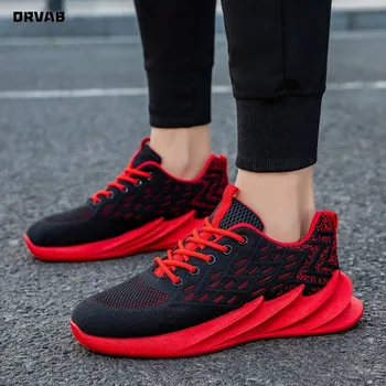 

Men Shoes High Quality Knitted Flyknit Breathable Mesh Sneakers Black Red Lightweight Comfortable Non-slip Mens Casual Shoes New