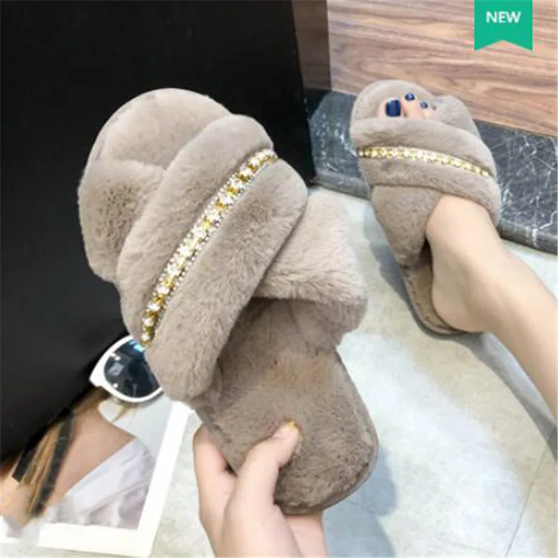 As shown ; женские зимние хлопковые тапочки с открытым носком; плюшевые туфли с украшением в виде бриллиантов; женские меховые шлепанцы; женские меховые домашние вьетнамки - Цвет: As shown