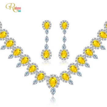

Rainbamabom Luxury 925 Solid Sterling Silver Citrine Created Moissanite Gemstone Earrings/Necklace Wedding Jewelry Set 2Pcs