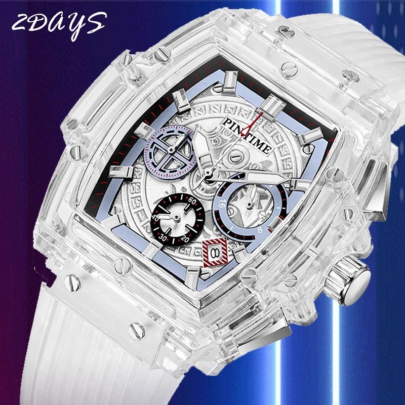 PINTIME Transparent Quartz Watch Men Fashion Silicone Strap Watch Black  Skeleton Luxury Military Clock Chronograph montre homme