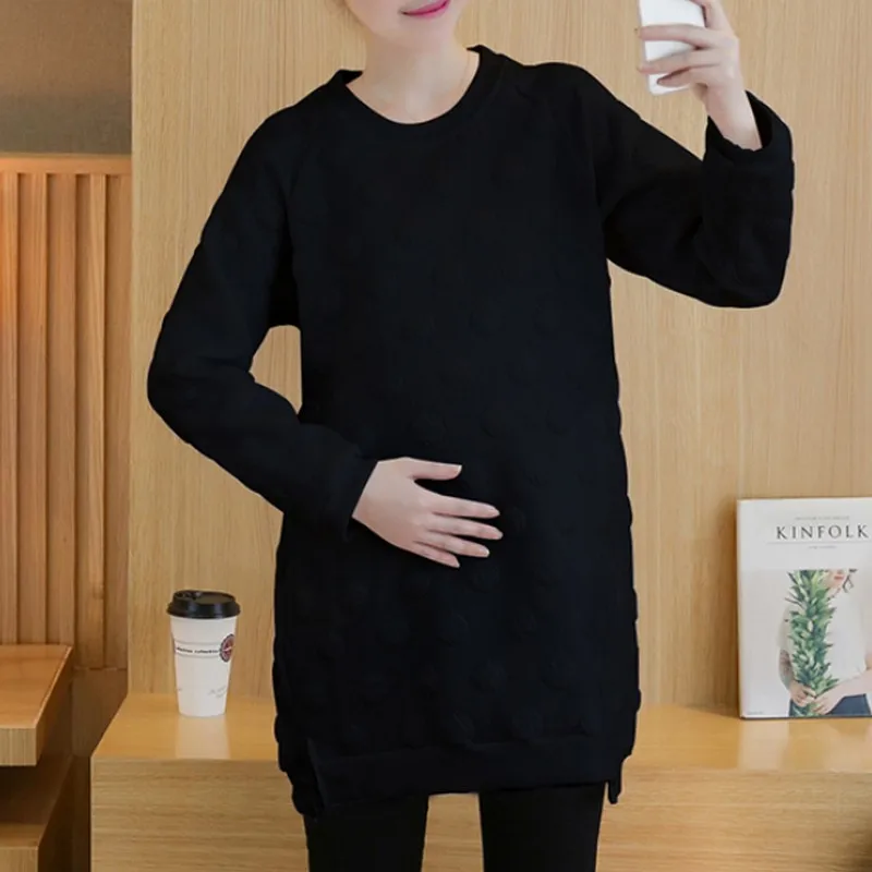 Повседневная Корейская одежда для матерей, осенне-зимний удобный свитер для беременных, однотонный пуловер с оборками, свитер для беременных - Цвет: Черный