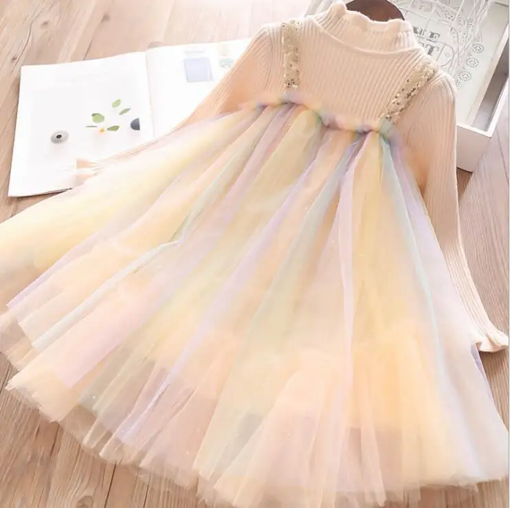 

Kids Princess Girls Tulle Sequin Rainbow Color Tutu Dress Knitted Sweater Patchwork Ruffles Sweet Child Party Dress