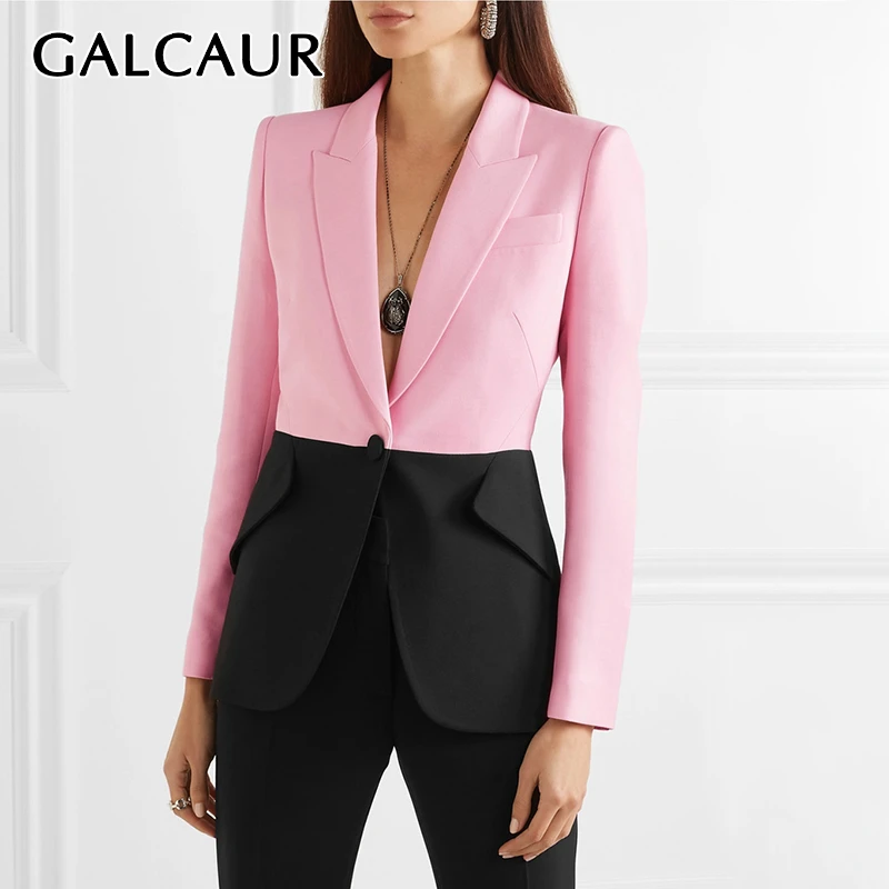 

GALCAUR Patchwork Hit Color Women's Blazer Notched Collar Long Sleeve Single Button Female Suits 2019 Autumn Fashion OL New