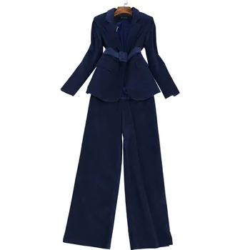 

womens suits set 2 pieces Spring New Fashion Temperament Set Retro Corduroy Suit High Waist Wide Leg Pants Two Piece Set
