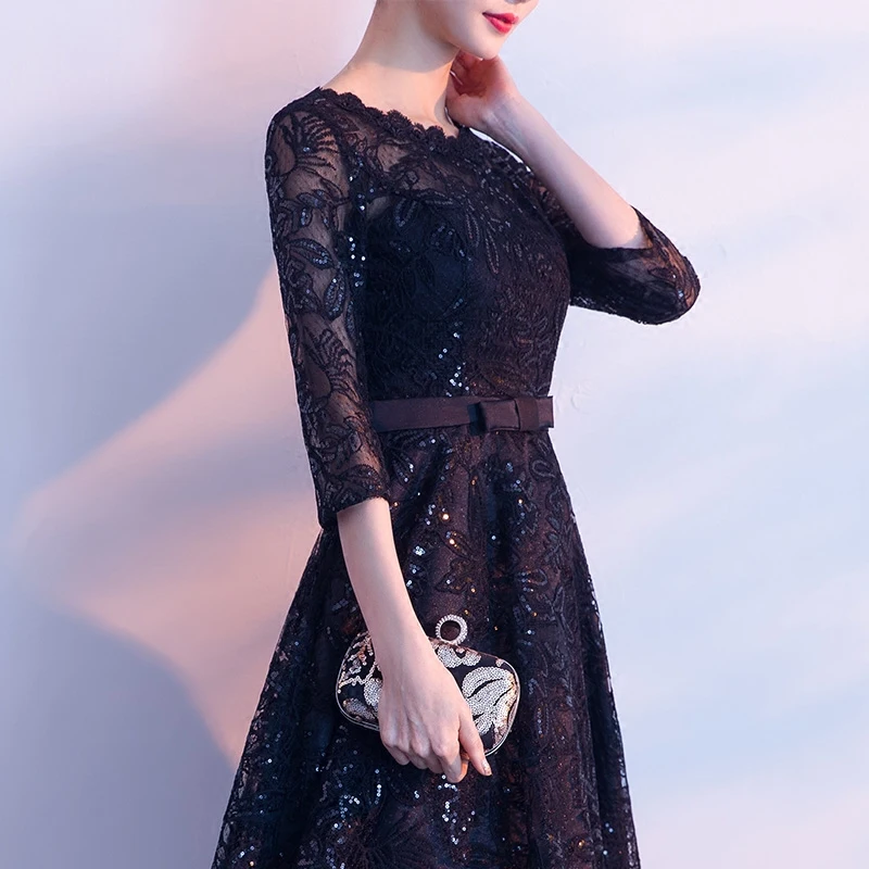 Ladybeauty/Новое поступление, короткое черное кружевное платье с вышивкой для выпускного вечера, элегантные вечерние платья длиной до середины икры для девочек