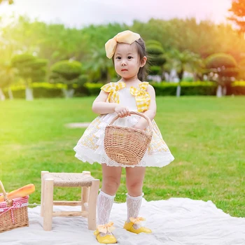 

2PCS Baby Gir Vintage Spanish England Turkey Lolita Bow Ball Gown Princess Dress Sleeveless Birthday Party Dress For Baby Girls