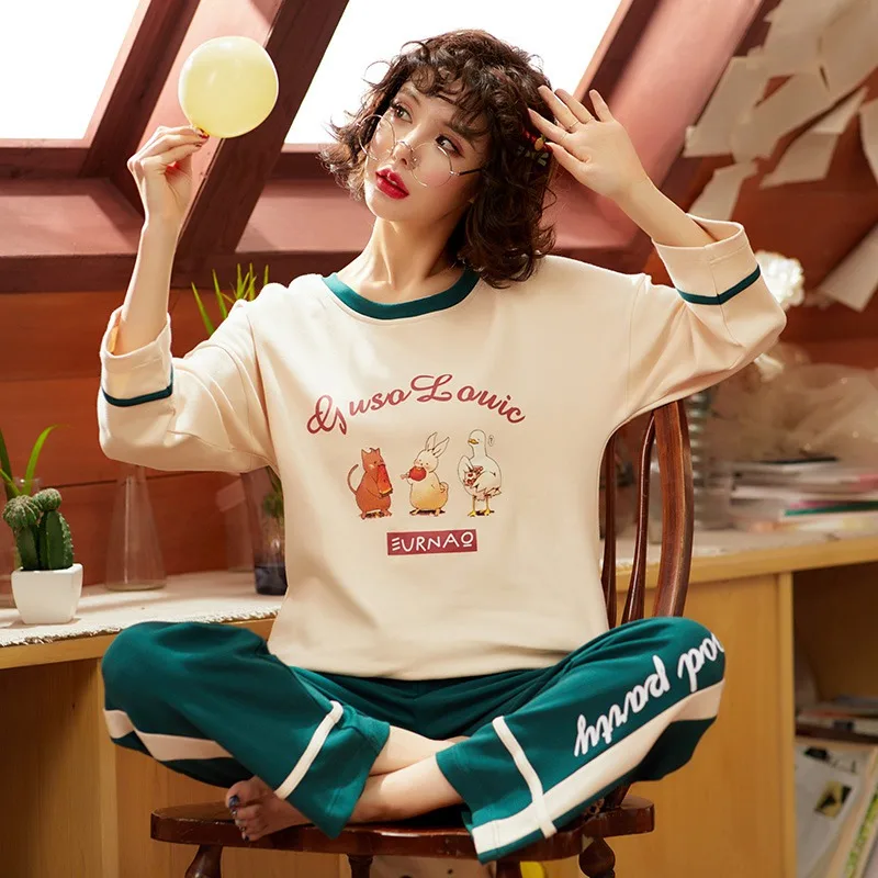 Осень Зима хлопок пижамы наборы для женщин с длинным рукавом милый мультфильм пижамы Домашняя одежда Pijama Mujer одежда