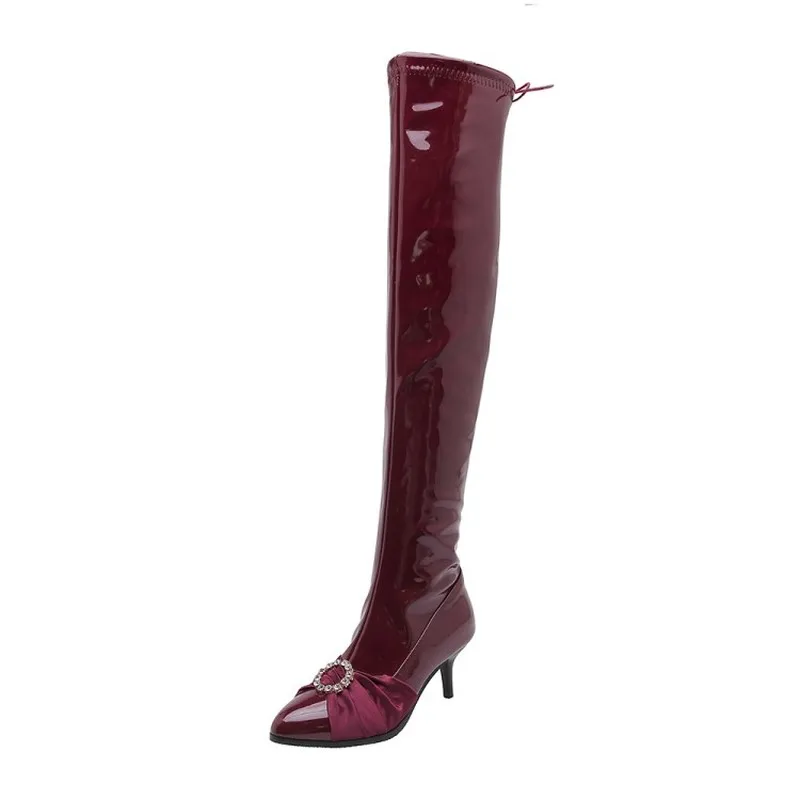 

KALENMOS Over The Knee Boots Women High Heel Pointed Toe Patent Long Boots Ladies Fashion Crystal Zip Black Boot Plus Size 34-46