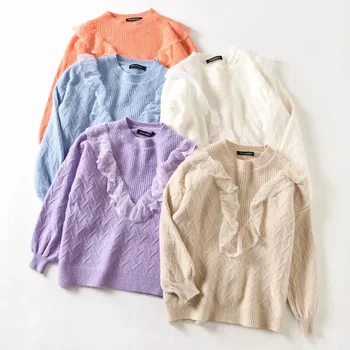 

2020 Spring Autumn New Tide Long Sleeve Solid Color Turtleneck Lace Knitting Women Pure Cotton Pullover Sweater C349