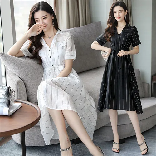 

Shirt Dress Women's 2019 New Style Summer Korean-style Waist Hugging Mid-length Vertical Striped Single Row Multi-buckle Cardiga
