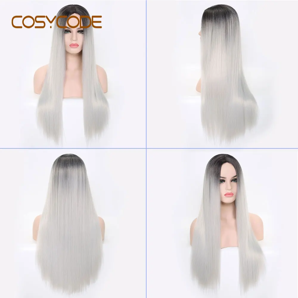 COSYCODE, 24 дюйма, женские парики, черные, длинные, прямые, средняя часть, некружевные, синтетические парики для косплея, вечерние