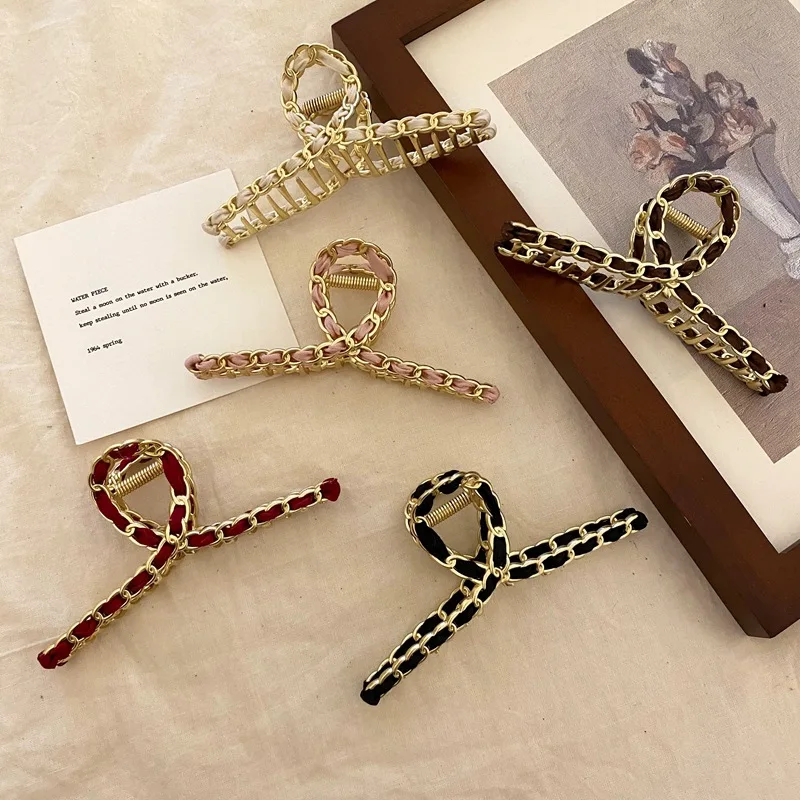 

High-quality Metal Chain Clip Hand-wound Ribbon Hair Clip Korean Ins Shark Clip Hairpin Temperament Hair Accessories