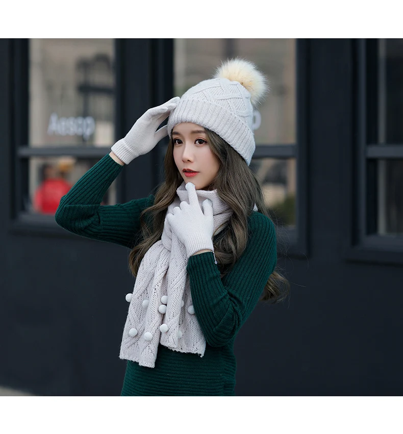 Меховой шар зимняя шапка и шарф набор для женщин Китти Длинные шарфы девушки держать тепло унисекс зимняя шапка набор шарфов перчатки touch