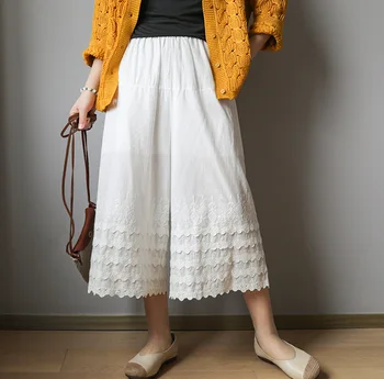 

Summer Pants Retro Women Loose Casual Trousers Ladies 2020 New Elastic Waist Embroidery Brierf All-match Pants