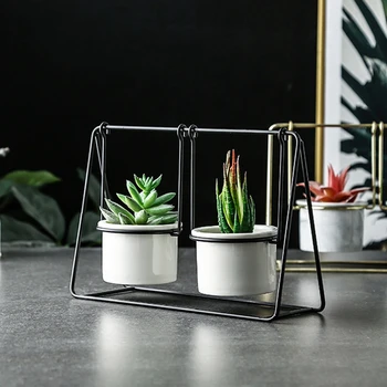 

European Small Plant Iron-plated Succulent Flower Pot Black Rack Marble Pot And Succulent Flower Pot Set
