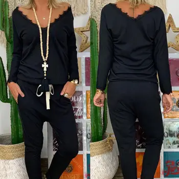 

Hot 2019 Casual Autumn Winter Women's Suit Solid Color Deep-V Neck Sweatshirt + Long Pant 2 Piece Suit Blouse Drawstring Suit