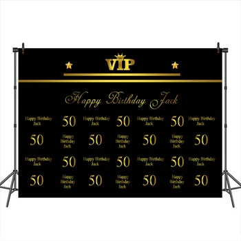 

Happy Birthday 50th Background Vip Party Repeat Steps Gold Banner for Photo Customized Photography Backdrops for Photo Studio